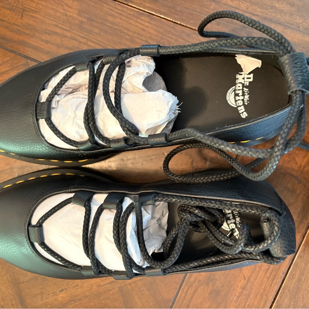 Dr. Martens Black Lace-Up Flats with Yellow Accents